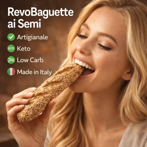 Baguette ai semi grandi - 4 keto cheto low carb ipocalorico REVO BAGUETTE AI SEMI CHETO | LOW CARB | KETO | CHETOGENICA | PANE IPOCALORICO | ARTIGIANALE | MADE IN ITALY 3x70G — immagine prodotto