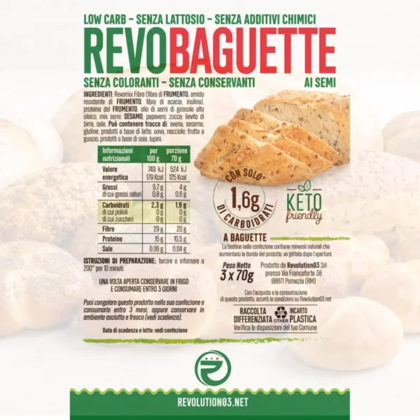 Baguette ai semi grandi - Etichetta keto cheto low carb ipocalorico REVO BAGUETTE AI SEMI CHETO | LOW CARB | KETO | CHETOGENICA | PANE IPOCALORICO | ARTIGIANALE | MADE IN ITALY 3x70G — immagine prodotto