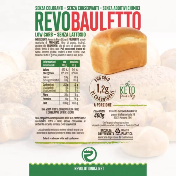 Base Pizza - Etichetta keto cheto low carb ipocalorico REVO BAULETTO CHETO | LOW CARB | KETO | CHETOGENICA | IPOCALORICO | ARTIGIANALE | MADE IN ITALY 400G — immagine prodotto