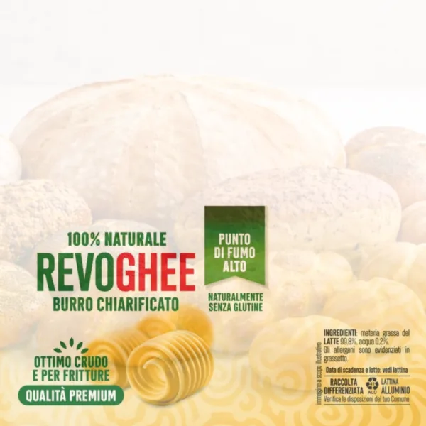 Burro ghee - Etichetta keto cheto low carb ipocalorico REVO GHEE BURRO CHIARIFICATO ORGANICO CHETO | LOW CARB | KETO | CHETOGENICA | IPOCALORICO | MADE IN ITALY 500G — immagine prodotto