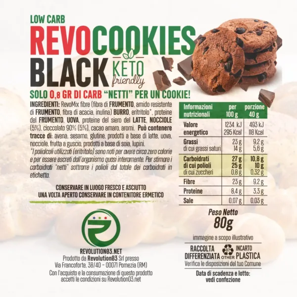 Cookies cioccolato - Etichetta keto cheto low carb ipocalorico REVO COOKIES KETO BLACK CHETO | LOW CARB | CHETOGENICA | IPOCALORICO 2x40G — immagine prodotto