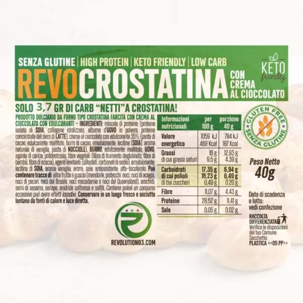 Crostatina senza glutine - Etichetta keto cheto low carb ipocalorico REVOCROSTATINA AL CIOCCOLATO CHETO | LOW CARB | KETO | CHETOGENICA | IPOCALORICO | SENZA GLUTINE | MONOPORZIONE 40G — immagine prodotto