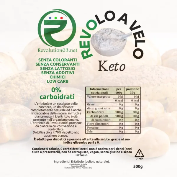 Eritritolo a velo - Etichetta keto cheto low carb ipocalorico REVOLO A VELO CHETO | LOW CARB | KETO | CHETOGENICA | IPOCALORICO | ERITRITOLO IPERSOLUBILE 500G — immagine prodotto