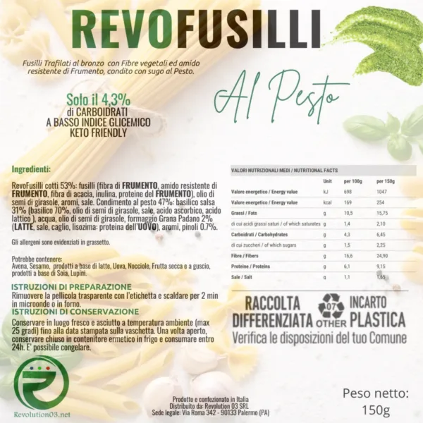Fusilli al pesto - Etichetta keto cheto low carb ipocalorico REVO FUSILLI AL PESTO CHETO | LOW CARB | KETO | PIATTO PRONTO | IPOCALORICO | PER DIETA CHETOGENICA 150G — immagine prodotto
