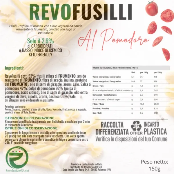 Fusilli al pomodoro - Etichetta keto cheto low carb ipocalorico REVO FUSILLI AL POMODORO CHETO | LOW CARB | KETO | CHETOGENICA | PIATTO PRONTO | IPOCALORICO 150G — immagine prodotto