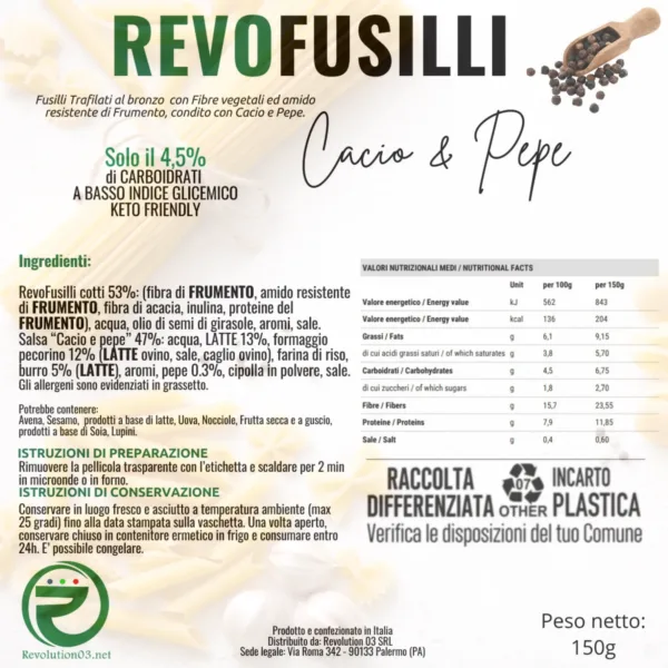 REVO FUSILLI CACIO E PEPE CHETO | LOW CARB | KETO | CHETOGENICA | PIATTO PRONTO | IPOCALORICO 150G — immagine prodotto