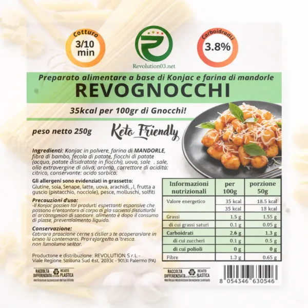 Gnocchi - Etichetta keto cheto low carb ipocalorico REVO GNOCCHI CHETO | LOW CARB | KETO | CHETOGENICA | IPOCALORICO SOLO 35 KCAL PER PORZIONE | CONF. DA 250G — immagine prodotto