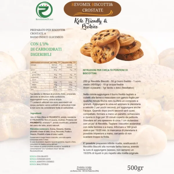 Mix biscotti - Etichetta keto cheto low carb ipocalorico REVOMIX FARINA KETO BISCOTTI E CROSTATE | CHETO | LOW CARB | CHETOGENICA | IPOCALORICO 500G — immagine prodotto