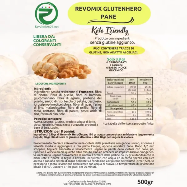 Mix gluten hero - Etichetta keto cheto low carb ipocalorico REVO MIX GLUTENHERO FARINA CHETO | LOW CARB | KETO | CHETOGENICA | IPOCALORICO | MIX PANE 500G — immagine prodotto