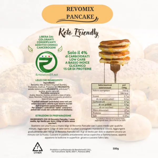 Mix pancake - Etichetta keto cheto low carb ipocalorico REVO MIX FARINA PANCAKE CHETO | LOW CARB | KETO | CHETOGENICA | PREPARATO | IPOCALORICO 500G — immagine prodotto