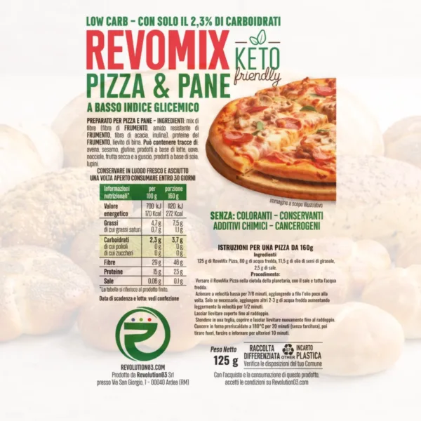 Mix pizza - Monopizza - Etichetta keto cheto low carb ipocalorico REVO MIX FARINA KETO PIZZA | CHETO | LOW CARB | CHETOGENICA | PREPARATO | IPOCALORICO 500G — immagine prodotto