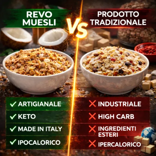 Muesli- 3 keto cheto low carb ipocalorico REVO MUESLI CROCCANTE CHETO | LOW CARB | KETO | CHETOGENICA | IPOCALORICO | COCCO NOCI E SEMI 250G — immagine prodotto