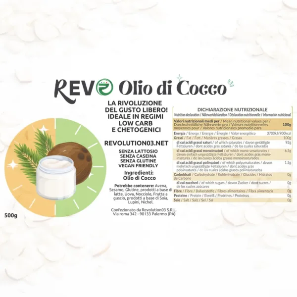Olio di cocco - Etichetta keto cheto low carb ipocalorico OLIO DI COCCO XL CHETO | LOW CARB | KETO | CHETOGENICA | IPOCALORICO | ARTIGIANALE | MADE IN ITALY 500G — immagine prodotto
