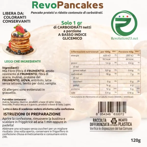 Pancakes - Etichetta keto cheto low carb ipocalorico REVO PANCAKES CHETO | LOW CARB | KETO | CHETOGENICA | PANCAKE PROTEICI | IPOCALORICO 120G — immagine prodotto