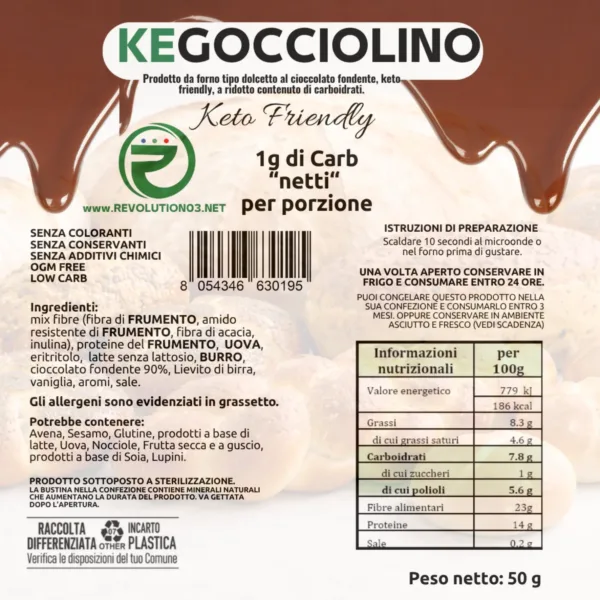 KEGOCCIOLINO PANE CON GOCCE DI CIOCCOLATO CHETO | LOW CARB | KETO | CHETOGENICA | IPOCALORICO | ARTIGIANALE | MADE IN ITALY 50G — immagine prodotto