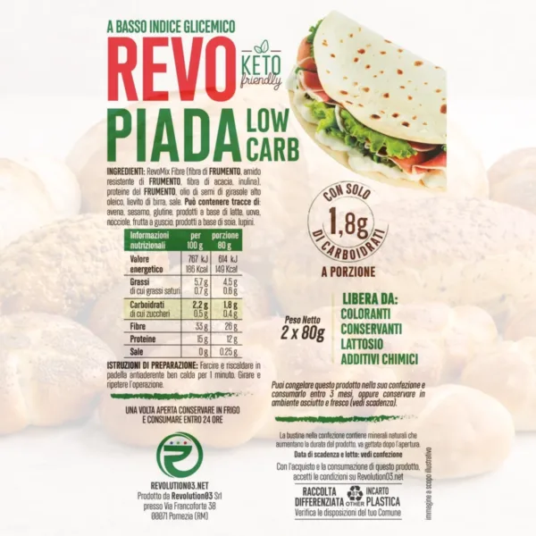 Piadine - Etichetta keto cheto low carb ipocalorico REVO PIADA CHETO | LOW CARB | KETO | CHETOGENICA | PIADINA ARTIGIANALE | IPOCALORICA 2X80G — immagine prodotto