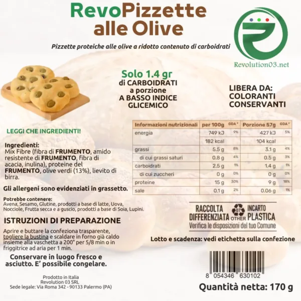 Pizzette alle olive - Etichetta keto cheto low carb ipocalorico REVO PIZZETTE KETO ALLE OLIVE | CHETO | LOW CARB | CHETOGENICA | IPOCALORICO | ARTIGIANALE 170G — immagine prodotto