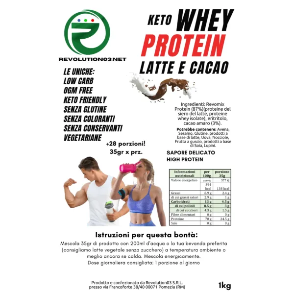 KETO WHEY PROTEIN LATTE E CACAO | CHETO | LOW CARB | KETO | CHETOGENICA | IPOCALORICO 1KG 28 PORZIONI — immagine prodotto