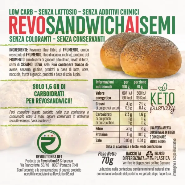 Revosandwich ai semi - Etichetta keto cheto low carb ipocalorico REVO SANDWICH AI SEMI | CHETO | LOW CARB | KETO | CHETOGENICA | PANE IPOCALORICO 70G — immagine prodotto
