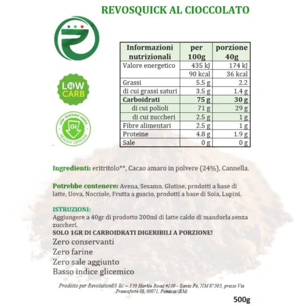 Revosquik - Etichetta keto cheto low carb ipocalorico REVOSQUICK AL CIOCCOLATO CHETO | LOW CARB | KETO | CHETOGENICA | IPOCALORICO | CACAO SOLUBILE 500G — immagine prodotto