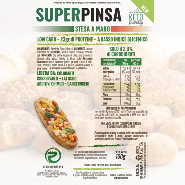 Super pinsa - Etchetta keto cheto low carb ipocalorico SUPER PINSA KETO | LOW CARB | CHETOGENICA | KETO | IPOCALORICO | BASE PIZZA ARTIGIANALE 160G — immagine prodotto