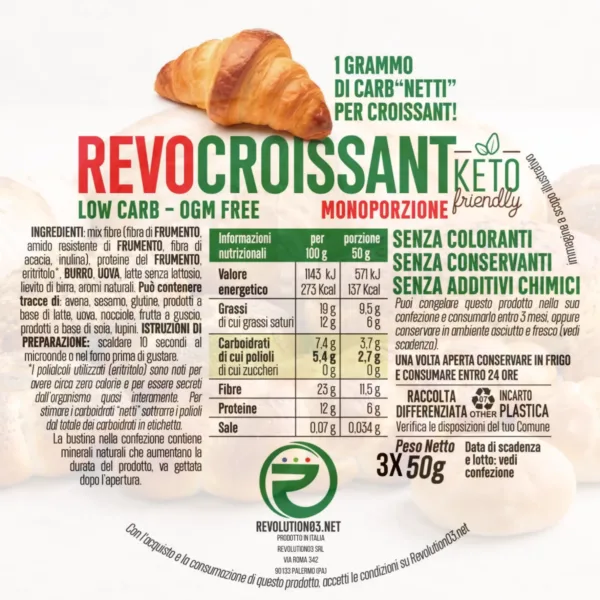 cornetti da 3 - Etichetta keto cheto low carb ipocalorico REVO CROISSANT KETO CHETO | LOW CARB | CHETOGENICA | IPOCALORICO | ARTIGIANALE | CORNETTO MADE IN ITALY 3X50G — immagine prodotto