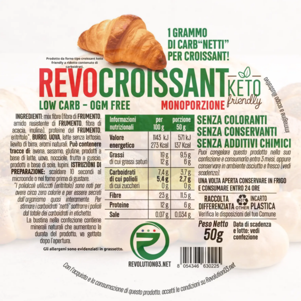 cornetti monoporzione - Etichetta keto cheto low carb ipocalorico REVO CROISSANT CHETO | LOW CARB | KETO | CHETOGENICA | CORNETTO ARTIGIANALE | IPOCALORICO 50G — immagine prodotto