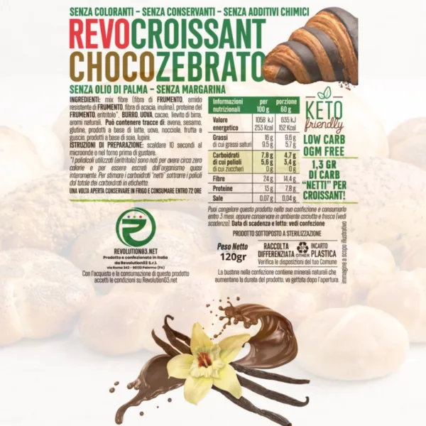 cornetti zebrati - Etichetta keto cheto low carb ipocalorico REVOCROISSANT CHOCOZEBRATI CHETO | LOW CARB | KETO | CHETOGENICA | IPOCALORICO 2 PZ | 1,3G CARB NETTI A PORZIONE | CORNETTO MADE IN ITALY | CONF. 120G — immagine prodotto